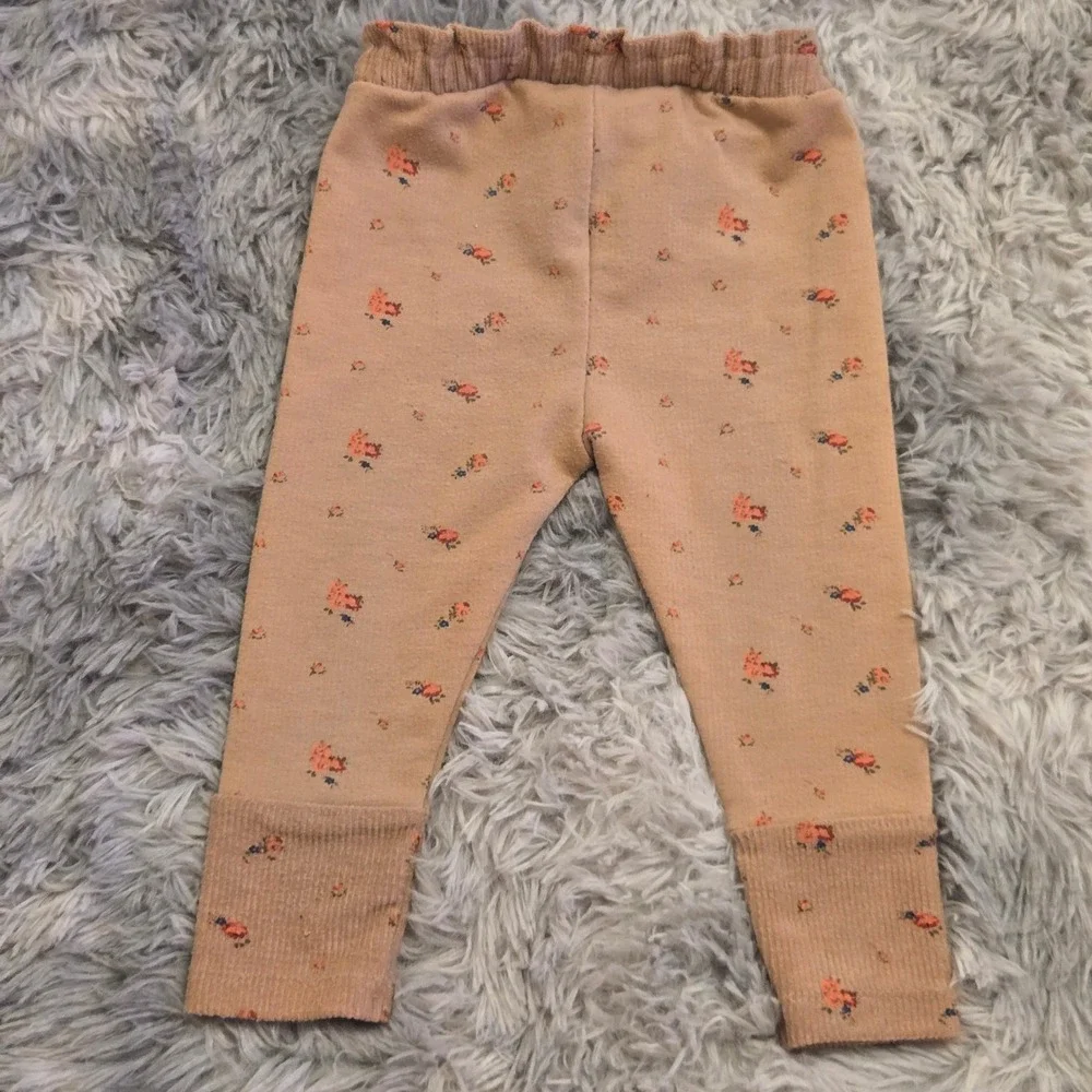 Zara Baby Floral Knit Leggings Tan Beige Flower Print Ribbed Cuffs 12-18‎ Months